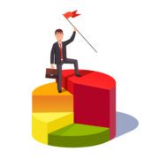 Market share leader concept. Business man standing with a flag pole on a largest sector of pie chart. Flat style vector illustration.